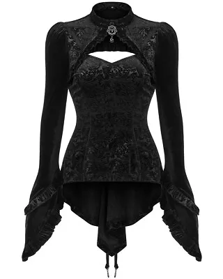 Punk Rave Womens Gothic Blouse Top Black Velvet Flocked Steampunk Witch Vampire • £44.99