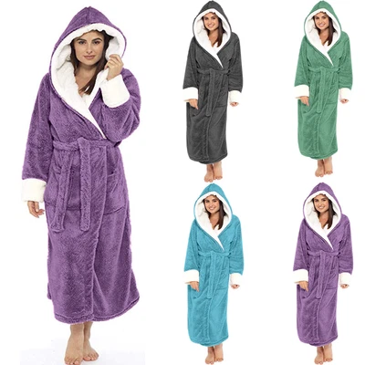 $35.99 • Buy Women Ladies Long Hooded Dressing Gown Soft Flannel Fleece Sherpa Bathrobe Coats