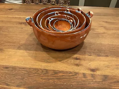 VTG SET OF (6) Primitive Rustic Mexican Terracotta Redware Handled Nesting Bowls • $199.99