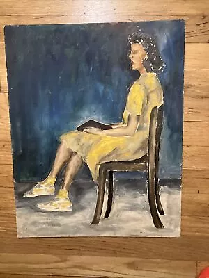 Vintage Oil Painting Of Woman Sitting In Chair Art School C+ On Canvas Board • $75
