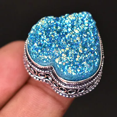 Blue Titanium Drusy Gemstone Silver Plated Vintage Gift Jewelry Ring 6  PG 1358 • $7.49