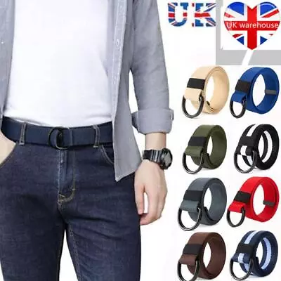 Mens Womens Canvas Double D-Ring Belts Fabric Webbing Waist Belt Strap Waistband • £5.80