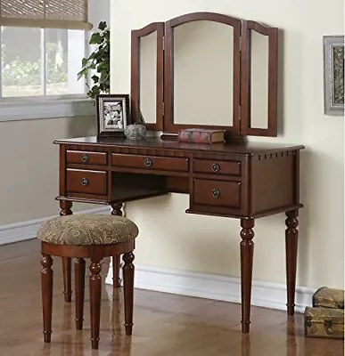 Cherry 3 Pc Vanity Set Tri Mirror Wooden Table Stool Makeup Drawer Bedroom Desk • $390.90