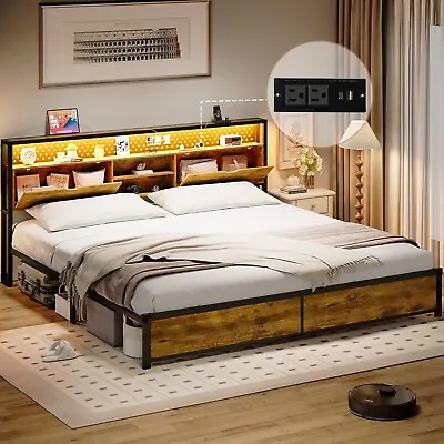 King Size Bed Frame With LED Lights Metal Platform Bed With Charging Station • $209.97