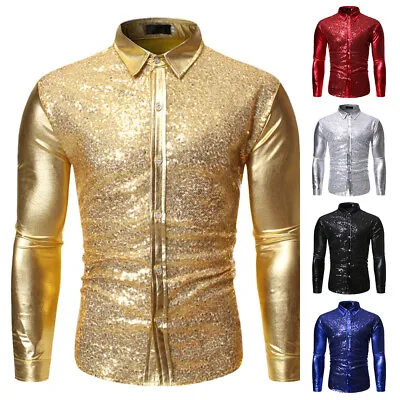 Mens Shiny Button Tops Sequin Long Sleeve Shirt Party Nightclub Dance T-Shirt UK • £15.66