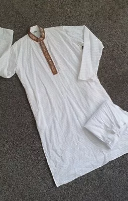 Mens White Salwar Kameez Size Medium M  Copper Embroidery Embellishment • £14.99