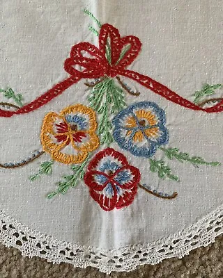 Vintage Hand Embroidered Colorful Pansies Bouquet Round Table Doily Tray Linen • $6.99