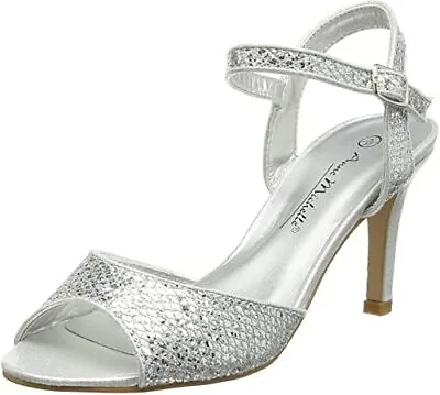 £27.99 • Buy Anne Michelle Size 4 5 7 Silver Glitter Mid Heel Occasion Sandals Shoes Bnwb