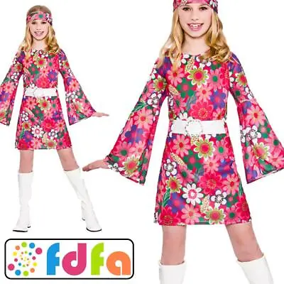 Wicked Retro Peace Hippy Go-Go Girl Kids Childs Girls Fancy Dress Costume • £10.49