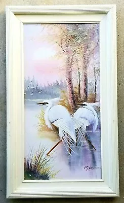 M. HENDERSON Vintage Oil On Canvas Original Painting White Egret Birds Landscape • $59.99