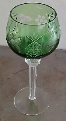 Bohemian Green Cut To Clear Wine Glass 8.2  Tall Vintage • $13.99