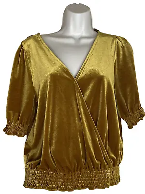 MADEWELL Women's Egyptian Gold Short Sleeve Velvet Smocked Crossover Top M  EUC • $18