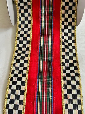 (1 Yard) Mackenzie Childs 4  Wide Holiday HIGHLAND RIBBON W/Courtly Check M22-ja • $9.99