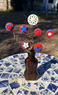 Patriotic Button Flower Bouquet Of Vintage Buttons In Vintage Brown Bottle • $12