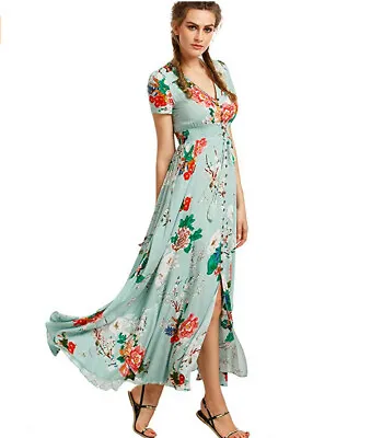 $22.42 • Buy Women Summer Holiday Bohemian Retre V-Neck Loose Long Skirt Party Long Dress AU