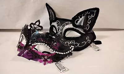 Masquerade Mask Lot Of 2 Black Glitter Cat And Black With Pearl Beads NWT • $11