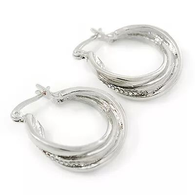 £9.20 • Buy Small Crystal Twisted Hoop Earrings In Rhodium Plating - 23mm D
