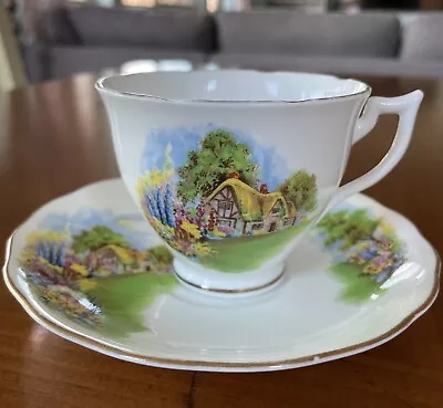 Vintage English CROWN ESSEX Bone China Tea Cup And Saucer Country Cottage Scene • $25