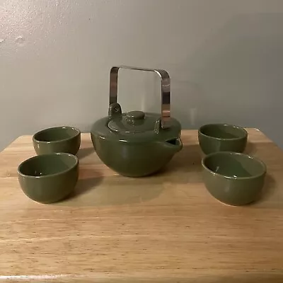 Asian Teapot Stoneware Style Green With Metal Handle & 4 Saki Cups Vintage • $25