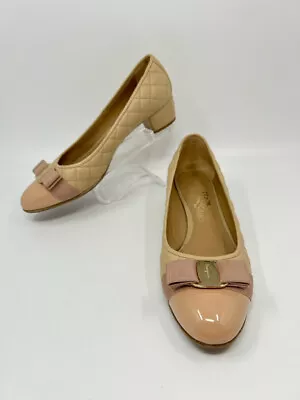 FERRAGAMO Women Size 10.5C Blush Quilted Leather Ballet Pumps • £178.54