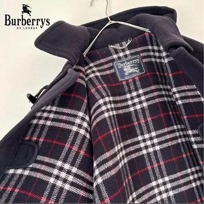 Burberrys Duffle Coat Long Hooded Navy Wool 100% Nova Check Men Size L Used • $95.95