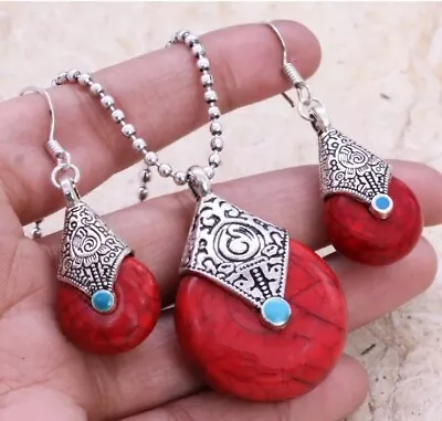 Natural Red Turquoise 925 Sterling Silver Pendant Earrings Set Necklace 18” • $25.99