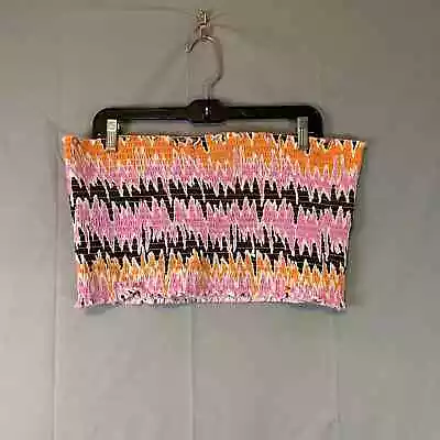 Monki Smocked Tube Top Women XXL Pink Tribal Print Stretch Crop Strapless Orange • $29.99