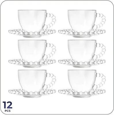 12 Piece Clear Glass Tea Cup & Saucer Set Coffee Espresso Cappuccino Tea Set • £16.50