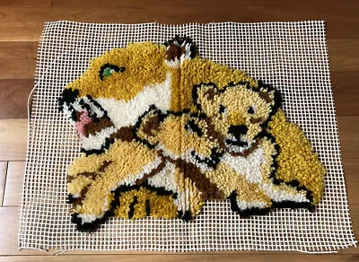 $39 • Buy Vintage Latch Hook Completed Rug Wall Hanging Mother Lion Cat + Cubs  80's