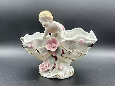 Vintage Ucagco Japan Cherub Baby Figurine Pink Flower Double Bud Vase 4  X 5  • $18.95