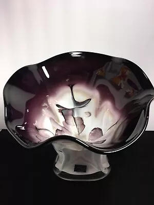 VTG MAKORA LARGE ART GLASS CENTERPIECE DISH WHITE/PURPLE/BLUE POLAND 10”  Exc. • $98.96