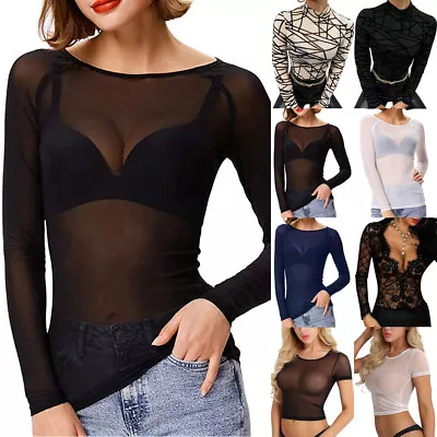 £3.29 • Buy Womens Long Sleeve Round Neck Plain Basic Ladies Stretch T-Shirt Top Sheer Mesh