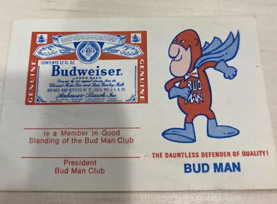 NEW Vintage Budweiser Bud Man Club Card Excellent Condition Circa 70’s • $5