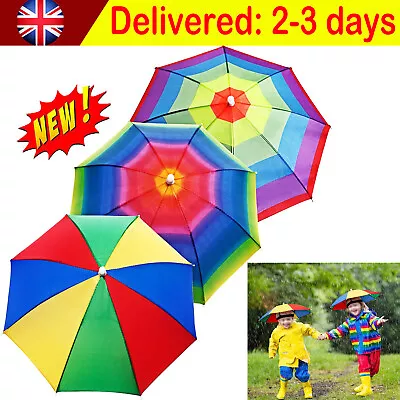 3x Rainbow Umbrella Hat Adjustment Waterproof Cloth Parasol Hat For Adults Kids • £10.90