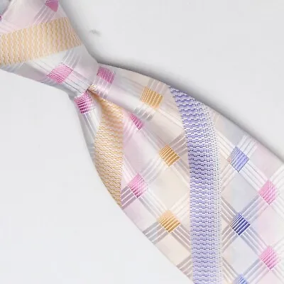 Pancaldi Uomo Mens Silk Necktie White Pink Blue Gold Stripe Check Woven Tie • $49.99