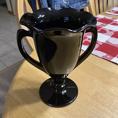 Vintage 6” Black Glass Double-Handled URN Shape Trophy Scalloped Top Vase • $9