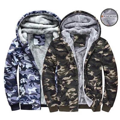 Mens Camo Padded Warm Sherpa Fleece Fur Lined Hoodie Zip Up Winter Coat Jacket • $34.42