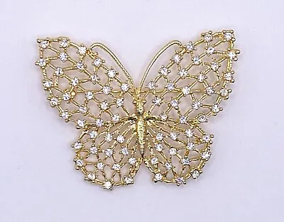 Vtg Butterfly Brooch Pin W/ 76 Crystal/Rhinestones CZ? Gold Tone Sparkling Gift • $29.99