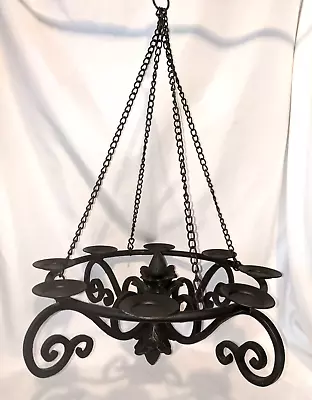 VINTAGE Wrought Cast Iron 8 CANDLE HOLDER CHANDELIER Hanging Candelabra Black • $111.96