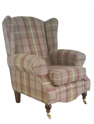 Accent Wing Back Queen Anne Arm Chair  Balmoral Heather Tartan Dark Wood Legs • £479