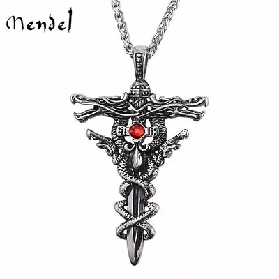 MENDEL Mens Gothic Large Dragon Sword Cross CZ Pendant Necklace Stainless Steel • $11.99