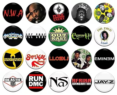 20x Hip Hop Rap Music Groups Artists 80's 90's 25mm / 1 Inch D Pin Button Badges • £8.99