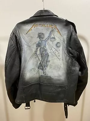 Vintage Akaso Metallica And Justice For All Hand Painted Leather Jacket L Mens • $447.30