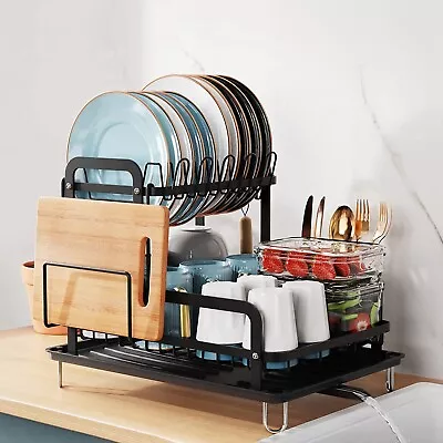 2-Tier Dish Drying Rack Kitchen Counter Rustproof Dish Rack Space Saving Holder • $30.99