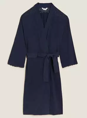 Ex Famous Store Ladies Pure Cotton Broderie Trim Wrap Dressing Gown XS S M L XL • £14.95