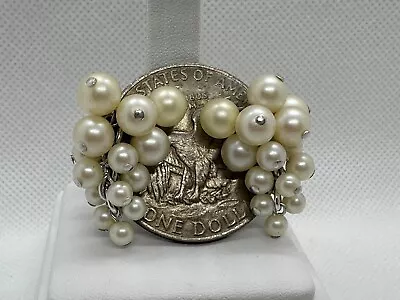Vintage Silver Teardrop W Long Cluster Of Faux White Pearl Bead Dangle Clip • $8.50
