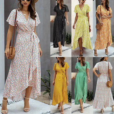 £16.51 • Buy Summer Womens Ruffle V Neck Maxi Wrap Dress Ladies Polka Dot Holiday Beach Dress