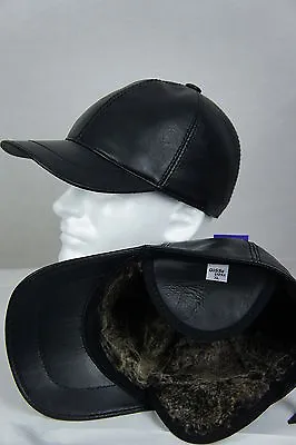 New Black 100% Shearling Leather Earflaps Baseball Cap Hat Biker Trucker M-2XL • $25.65