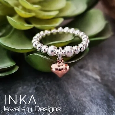 INKA Sterling Silver Stacking Stretch Ring Mini Rose Gold Vermeil Heart Charm • £13