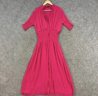 Zara Dress Womens L Large Pink Short Sleeve V-Neck Button Front Midi J5302 • $15